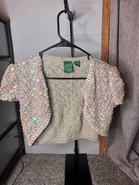 Y2K Beige Sequin Embellished Cropped Sweater